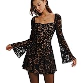 RIHOAS Womens Floral Mesh Mini Dress Long Sleeve Boat Neck Wedding Guest Dress Bodycon Party Cocktail Mini Dresses
