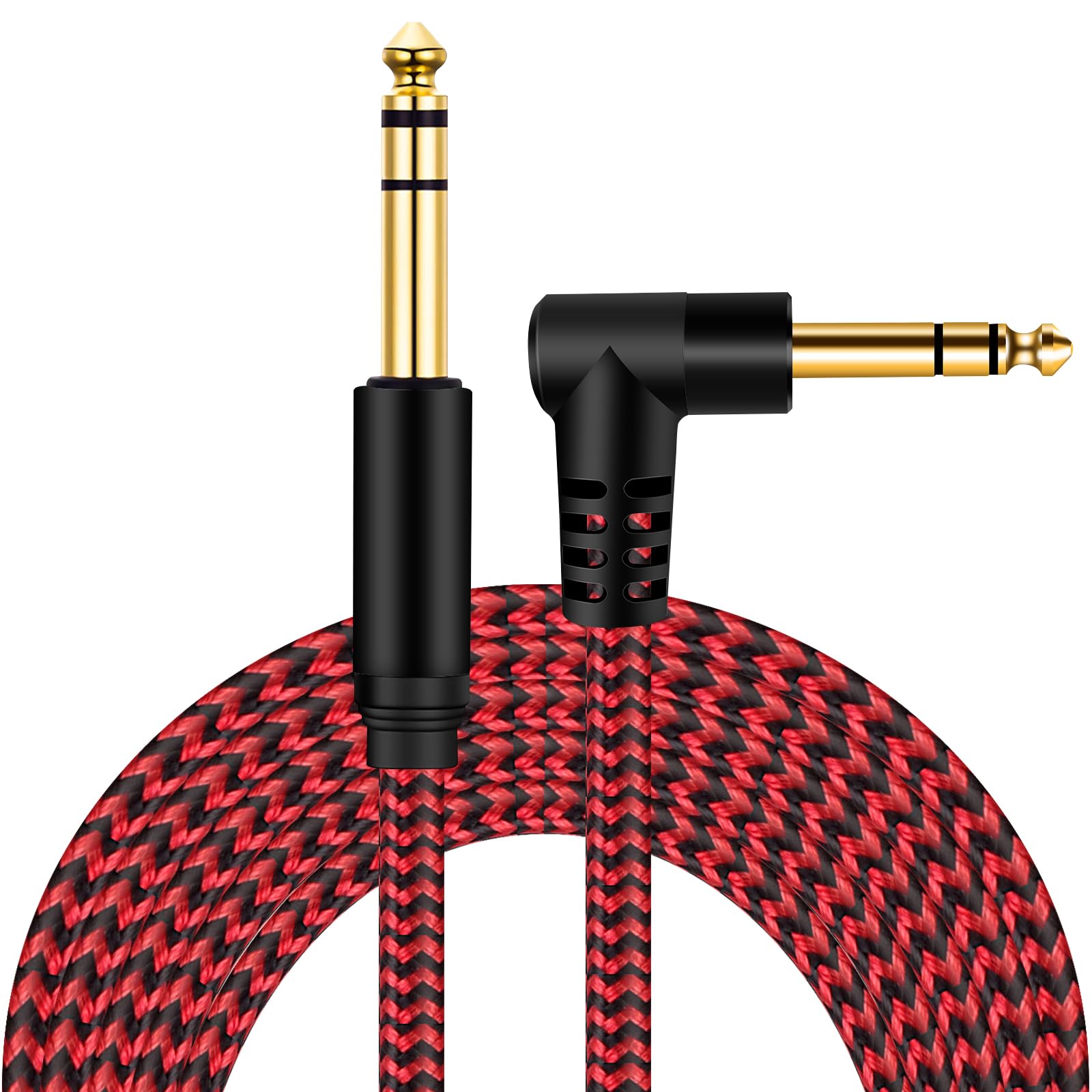 1/4 Inch TRS Instrument Cable 20Ft Red,BELIPRO 6.35mm TRS to 6.35mm TRS Stereo Audio Cable Male to Male Right-Angle-to-Straight for Electric Guitar, Bass, Keyboard,Mixer,Amplifier,Speaker,Equalizer.…