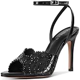 UJPFEO Rhinestone High Heel Sandals for Women Round Open Toe High Heels Sparkly Stilettos Strap Ankle Heels Dressy Work Weddings Prom Sexy Sandals Shoes