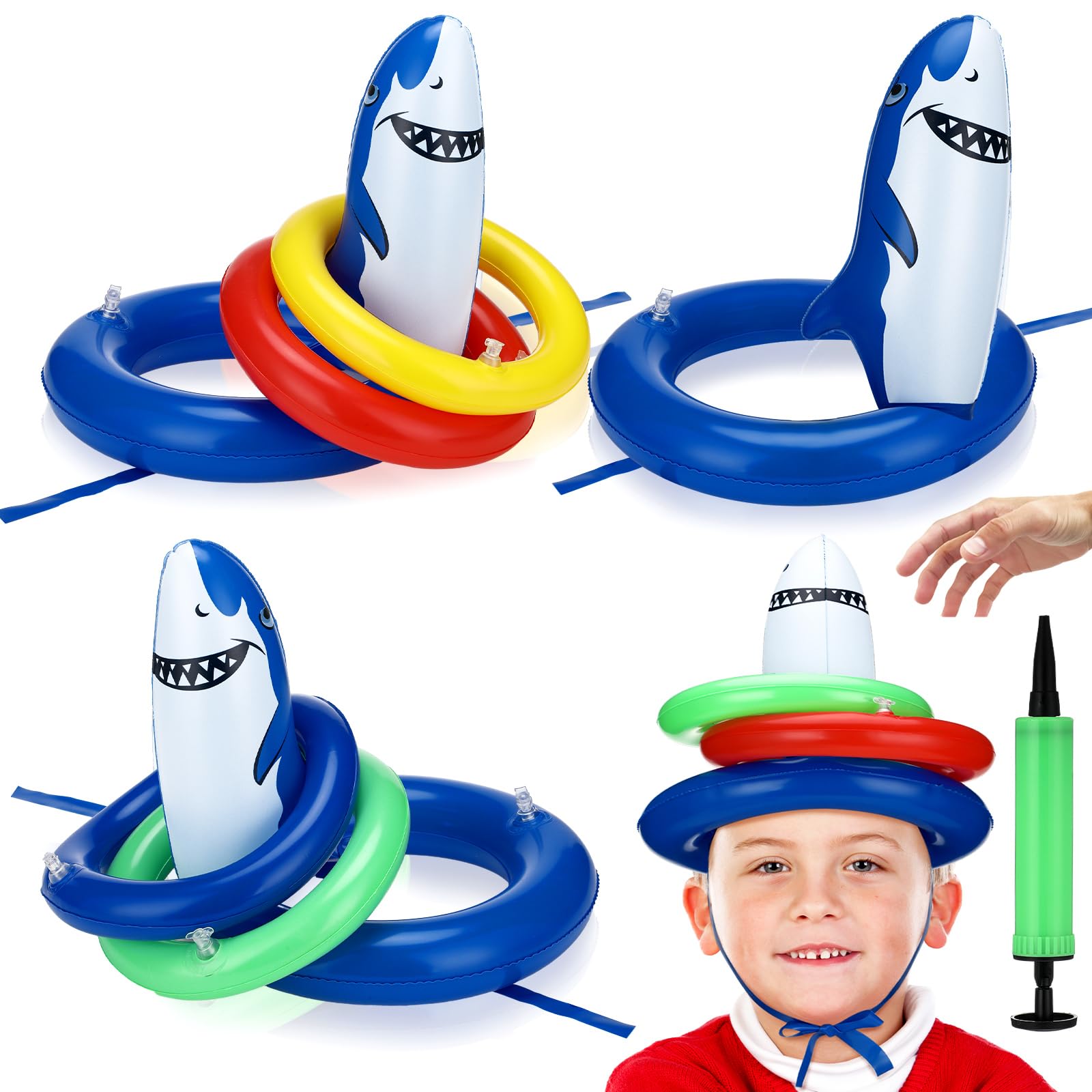 Photo 1 of Seenelling 16 Pcs Inflatable Shark Pool Toys Ring Toss Swimming Pool Game Floating Shark Hat with Inflatable Toss Rings Toy for Kids Adults Family Summer Beach Party Favors Supplies Birthday Gift
