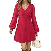 VAFOLY Womens V Neck Long Sleeve Cable Knit Fall Dresses Elegant Babydoll Sweater Dress
