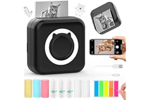 QYCHHJ Inkless Mini Printer for iPhone/Android/Tablet, Bluetooth Mini Thermal Printer with 8 Rolls Thermal Paper, Portable Sticker Printer for Study Notes Journal Memo Photo Picture, Black