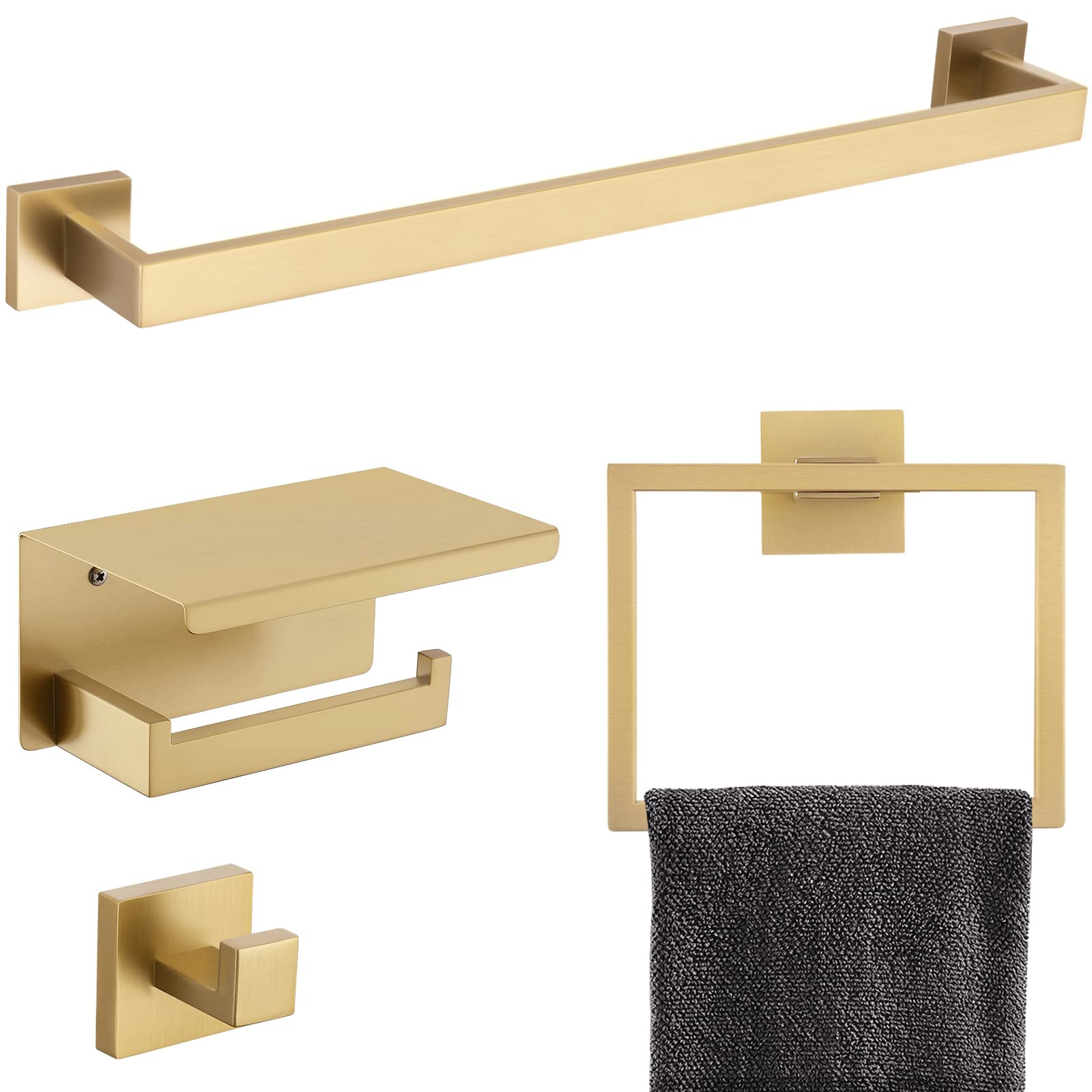 Photo 1 of Brushed Gold Bathroom Towel Bar Holder Sets Premium Stainless Steel 4-Piece Bathroom Hardware Set Wall Mounted Bathroom Toilet Paper Holder with Shelf Set.