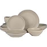 Gibson Elite Island Cove 16 Piece (Service for 4) Plates and Bowls Reactive Glaze Organic Round Dishes Stoneware Ceramic Dinnerware Set -Light Grey