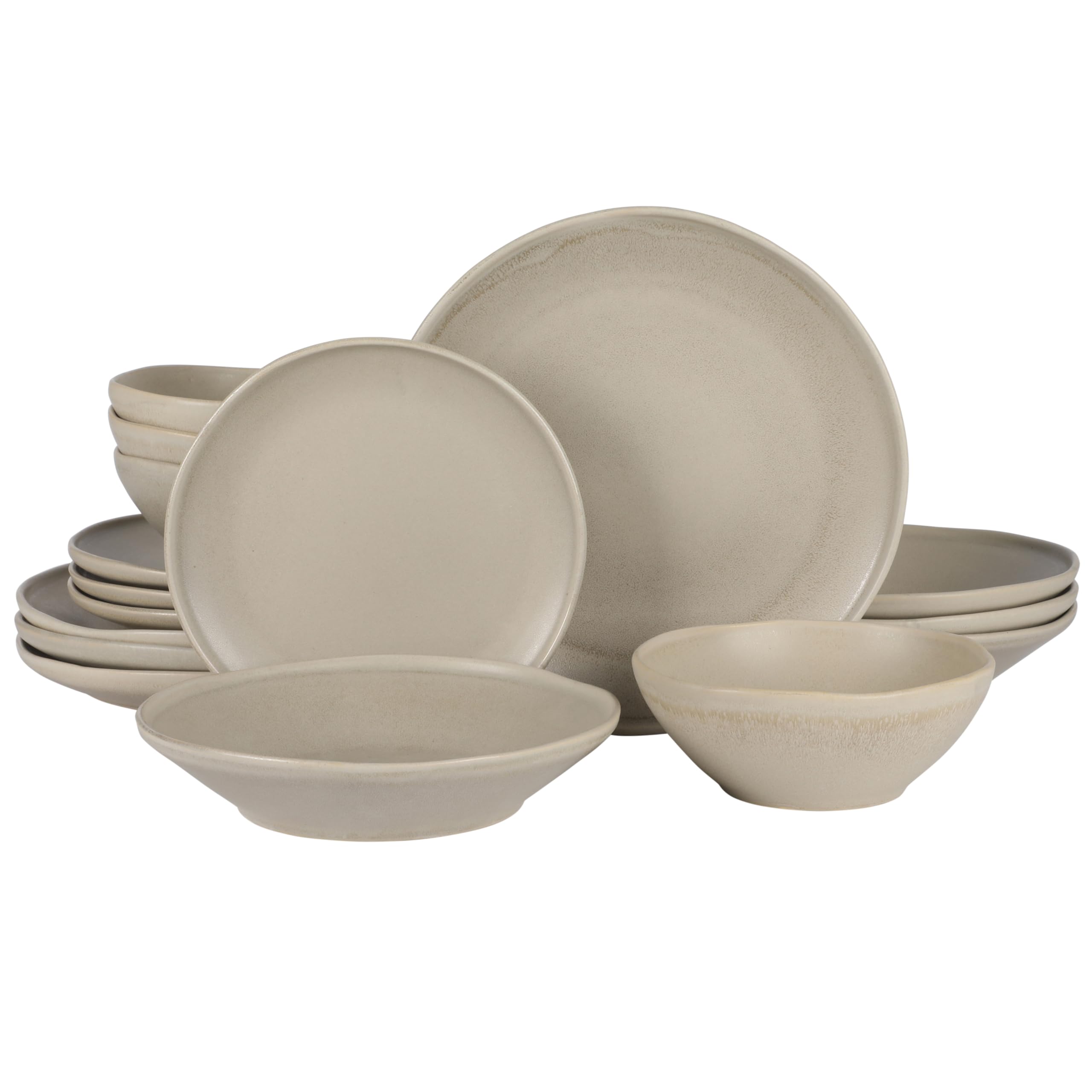 Gibson Elite Island Cove 16 Piece (Service for 4) Plates and Bowls Reactive Glaze Organic Round Dishes Stoneware Ceramic Dinnerware Set -Light Grey Image