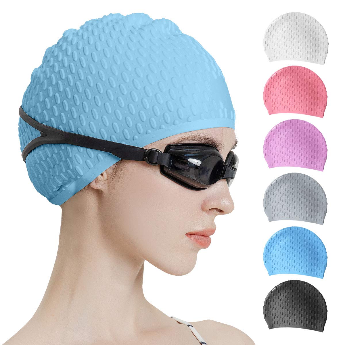 Photo 1 of Tripsky Silicone Swim Cap,Comfortable Bathing Cap Ideal for Curly Short Medium Long Hair, Swimming Cap for Women and Men, Shower Caps Keep Hairstyle Unchanged (Blue)