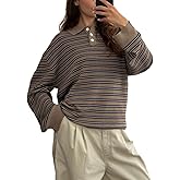 Y2k Striped Rugby Shirt for Women Long Sleeve Collared V Neck Preppy Polo Sweatshirt Casual Oversized Pullover Tops
