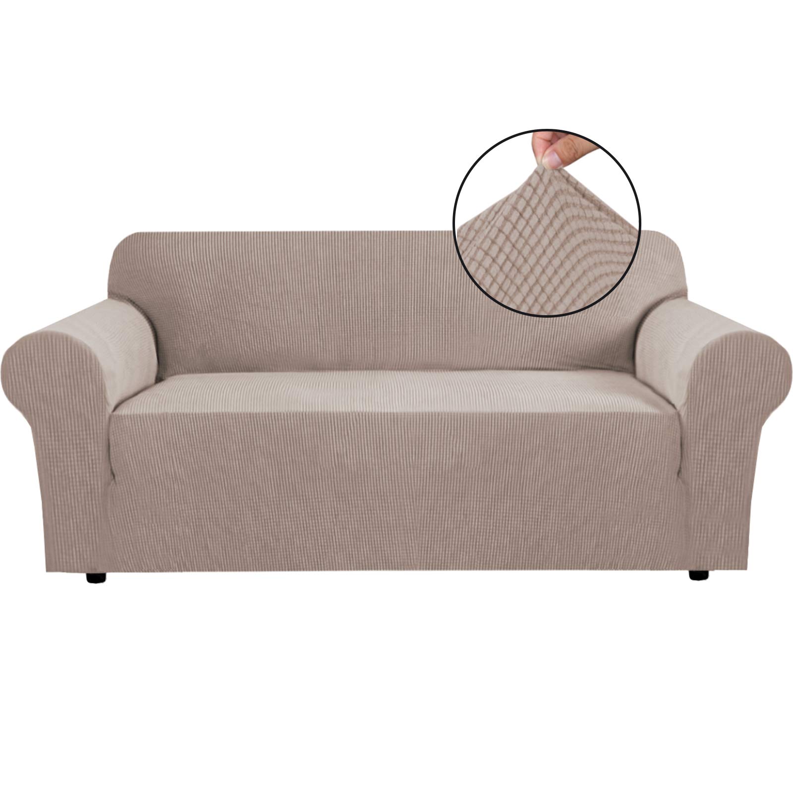 BellaHills Super Stretch Sofa Covers Couch Covers Sofa Slipcovers Furniture Protector for Sofas/Kids/Pets | Form Fitted Jacquard with Elastic Bottom, Thick Soft Non Slip (3 Seater，Sand)