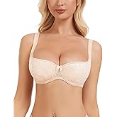 Pattsiao Women's Sexy Balconette Bra Lace Demi Half Cup Lightly Padded Underwire Low Cut Plus Size Bras Wide Straps