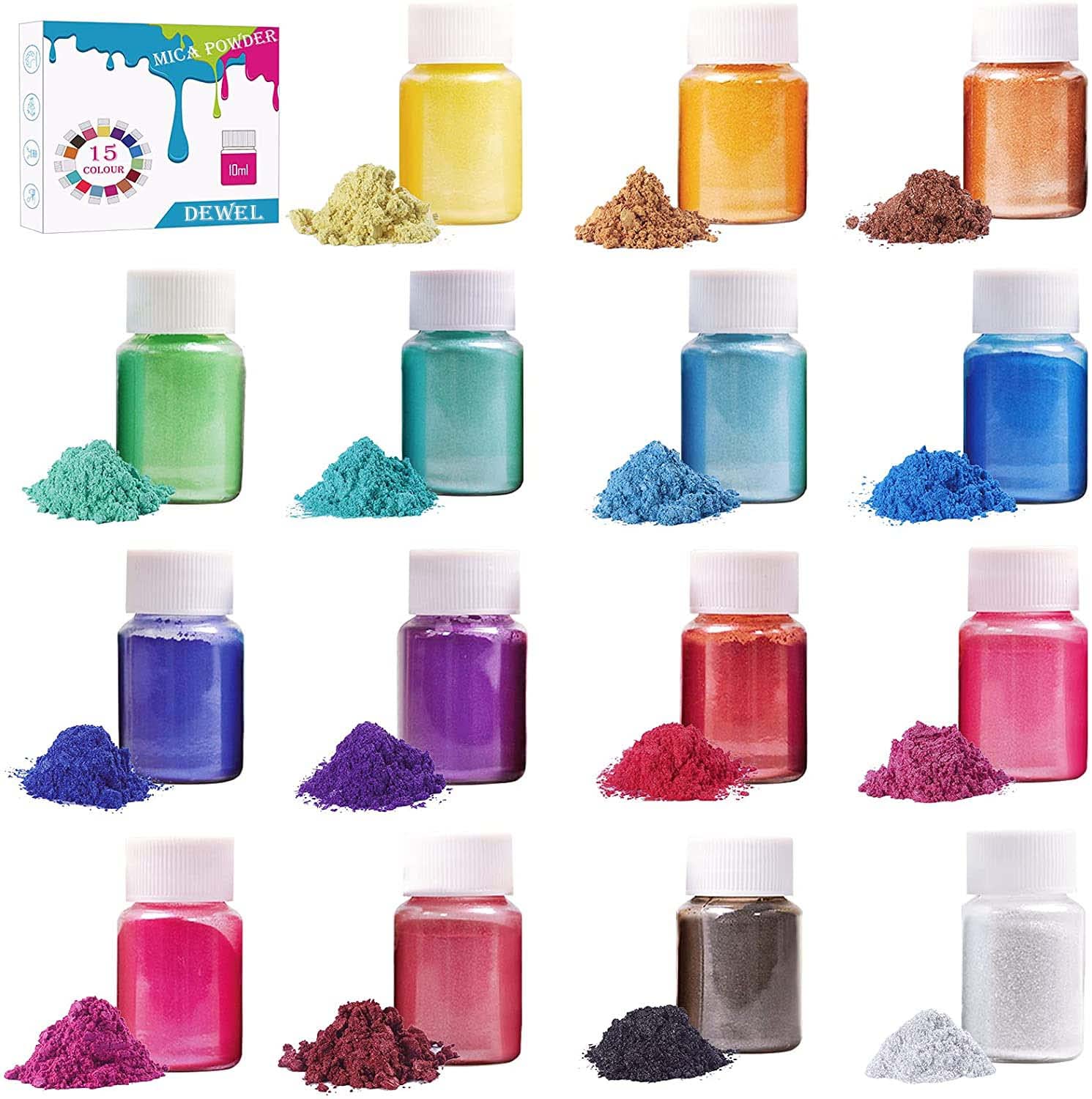 DEWEL Mica Powder for Epoxy Resin, 15 Colours × 10g Pearl Pigment Powder, Non-Toxic Glitter Mica for Soap Making, Candle Making, Lip Gloss, Eyeshadow, Bath Bombs, Resin Art & DIY Crafts