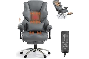 Mvpipi Massage Office Chair with Foot Rest, Ergonomic Executive Heated Office Chair with Reclining Backrest, Adjustable Arms and Lumbar Support, High Back Leather Desk Chairs for Home Office, Gray