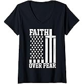 Womens Faith Over Fear - Patriotic American Flag Christian Gift V-Neck T-Shirt