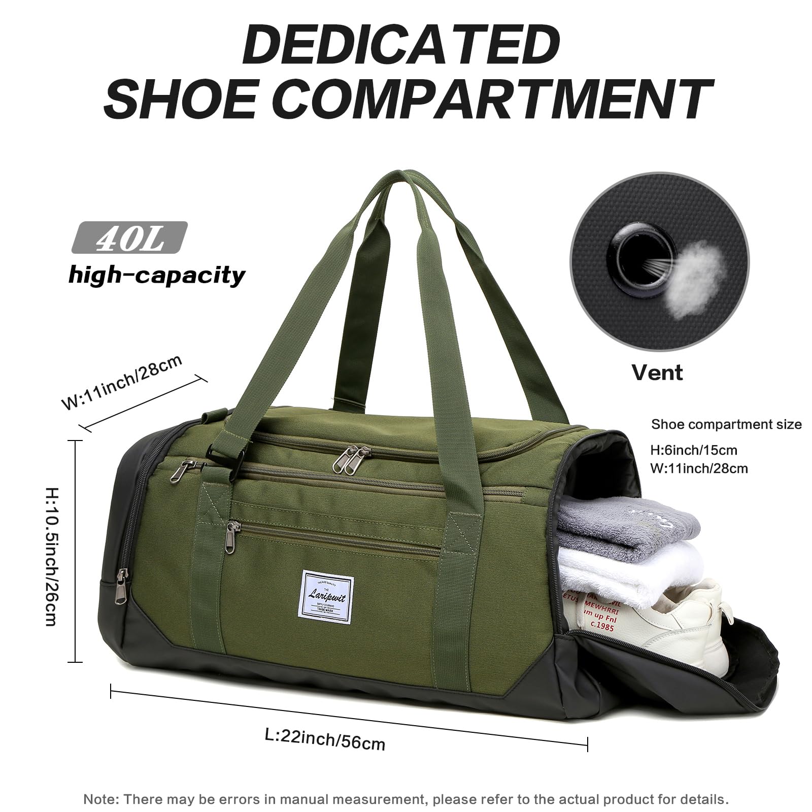 Laripwit Reisetasche Herren 40L Mittelgroß Sporttasche mit Schuhfach und Nassfach Weekender Travel Tasche Rucksack für Reisen Duffel für Damen, Armeegrün 5