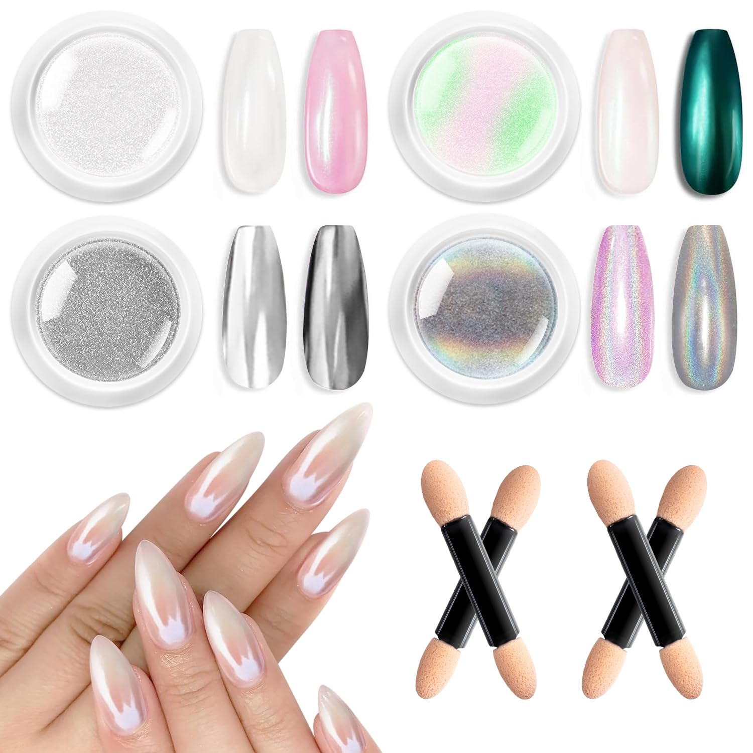 BISHENGYF Chrome Powder for Nails 4 pcs, White Pearl Chrome Nail Powder Mirror Effect Silver Metallic Holographic Nail Chrome Powders, Iridescent Aurora Mermaid Chrome Pigment Glitter