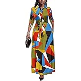Runwind Women Church Maxi Dresses 3/4 Sleeve Button Down Print Casual Office Dress African