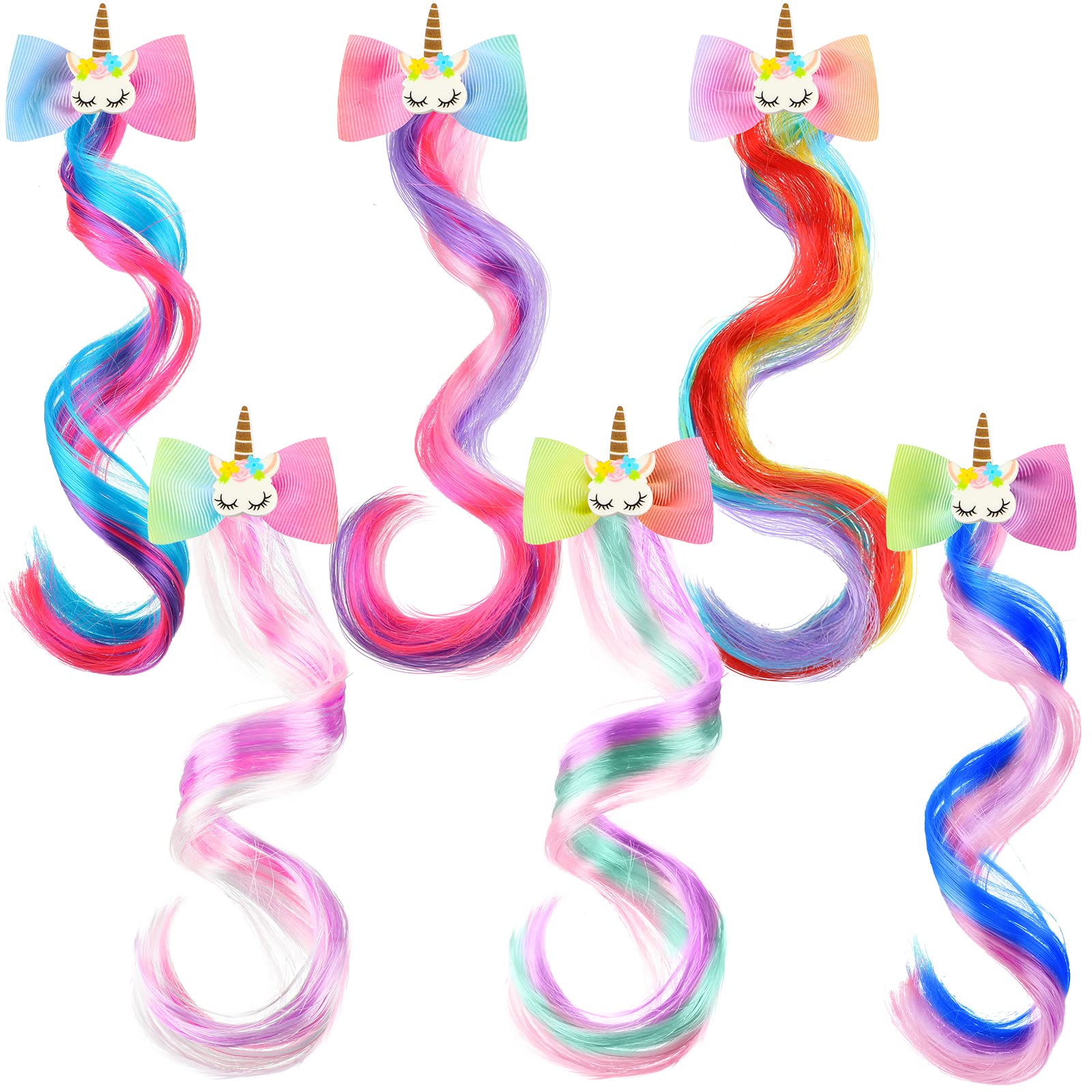 Photo 1 of 6pcs Unicorn Hair Clips Bows for Girls, Rainbow Braided Curly Wig Extensions for Kids, Princess Costume Dress up Ponytailshair Accessories with Glitter(Charming Style)
