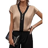 Fayenne Womens Tops Dressy Casual V Neck Color Block Short Sleeve Blouse Business Casual Tops Satin Silk Work Summer Shirt