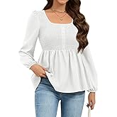 HEYTALALA Womens Peplum Tops Square Neck Smocked Puff Long Sleeve Blouses Babydoll Shirts 2025 Fall Dressy Casual Clothes