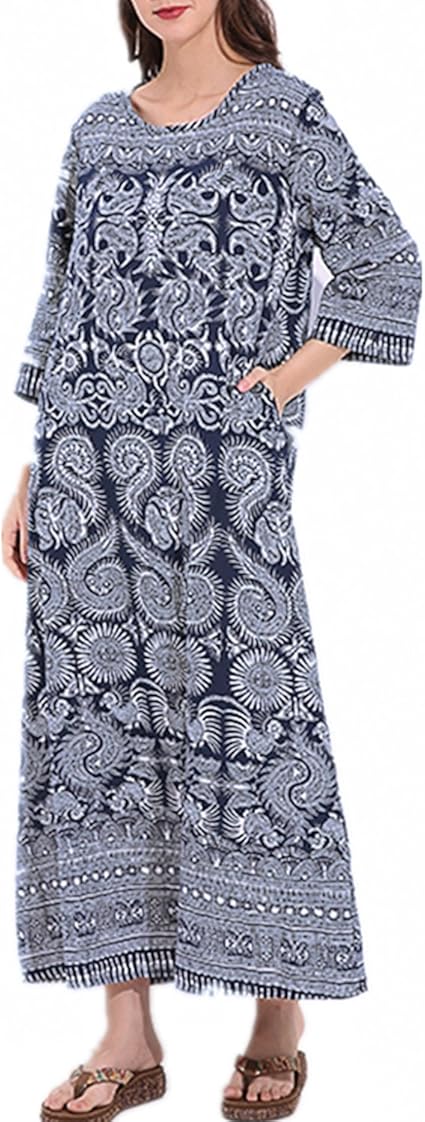 StyleDome Women's Long Dress Plus Size 3/4 Sleeve Casual Printed Maxi Retro Sundress at Amazon 