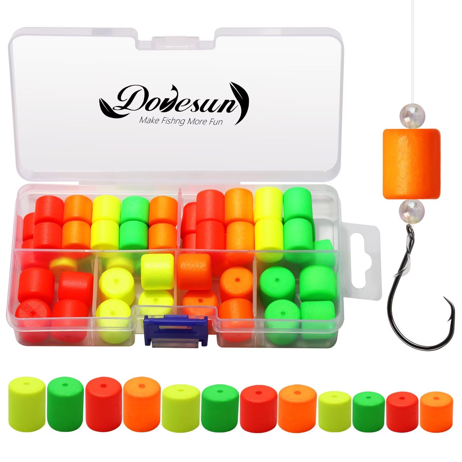 Dovesun 52pcs Foam Floats Pompano Rigs Fishing Rig Floats Fly Fishing Floats Bright Color Round, Bullet, Cylindrical, Spin, Pill with Tackle Box