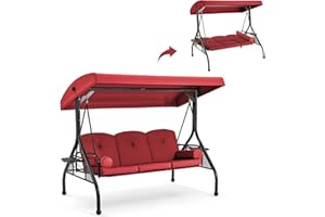 GYUTEI 3-Seat Outdoor Patio Swing with 1.5" Deep Cup Holder,Porch Swing with Adjustable Backrest and Canopy,Outdoor Porch Swing Glider Chair,w/Cushions,Pillows for Backyard(Wine RED)
