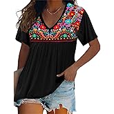 Melliflo Womens Short Sleeve Mexican Shirts Pleated Front Floral Embroidered Tee Shirt Loose Peasant Tunic Tops