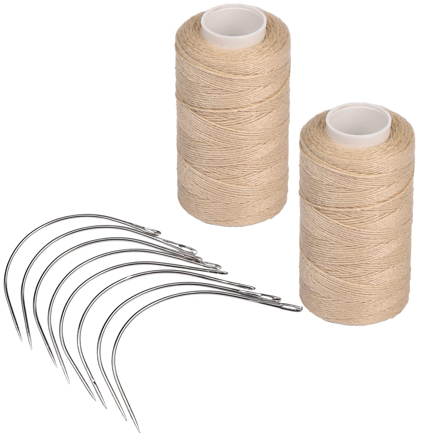 MFUOE 18 Pieces Hair Extension Weave Set with Hair Extension Thread and C-Curve Type Needles for Weaving Sew Decoration Hair Extension Hair Weaving（Beige