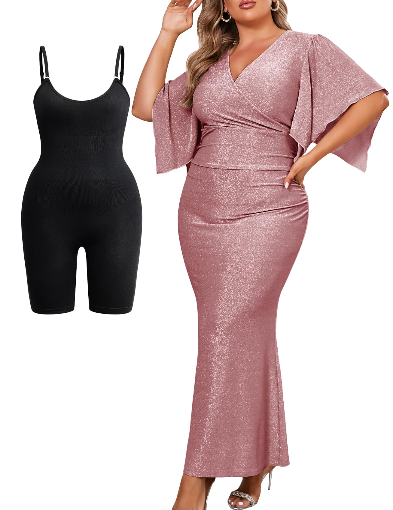 Photo 1 of ZOMVA Plus Size Maxi Sparkly Dress Formal Evening Gown Cocktail Prom Glitter V-Neck Wrap Handkerchief Sleeves, Dusty Rose & Shapewear, 0X