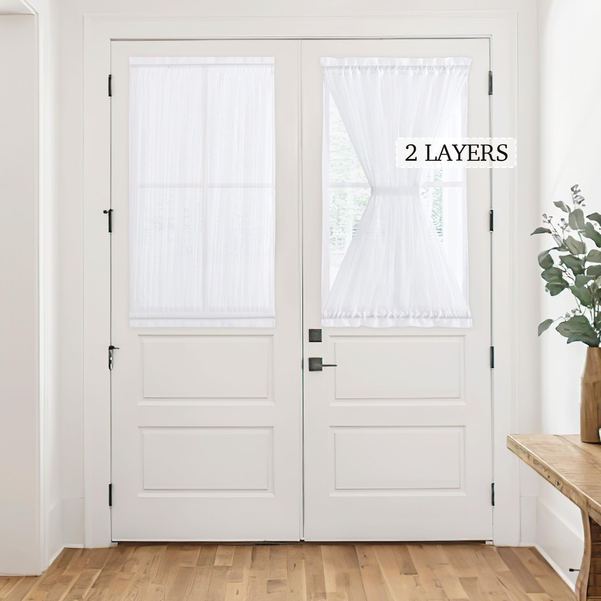 Photo 1 of RYB HOME French Door Sheer Curtains, Light-Filtering Privacy Drapes with Tieback for Kitchen Window Front Door, Top and Bottom Rod Pocket Sidelight Drapes with 2 Layers, White, W26 x L40