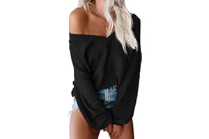 ReachMe Womens Oversized Off The Shoulder Tops Long Sleeve Waffle Knit Shirt Drop Shoulder Sweater Top