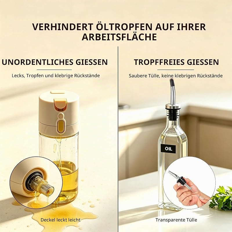500ml Ölflasche,Essig und Ölspender Set mit Ausgießer,Olivenöl Flasche
