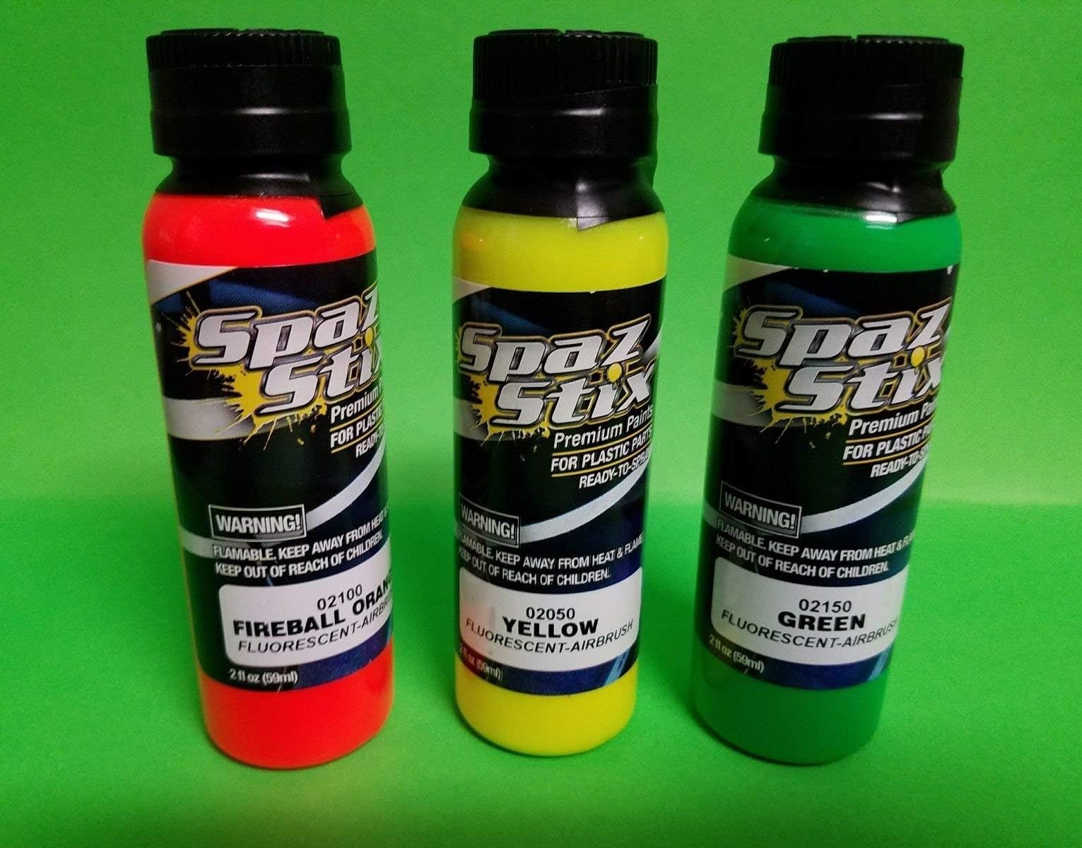 Spaz Stix3 PACK FLUORECENT ORANGE GREEN YELLOW 02100 02150 02050 AIRBRUSH PAINT INCLUDES CHICAGOLAND RC COUPON