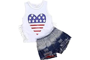 BOEBNOZCV Toddler Baby Girls 4th of July Outfits Set Sleeveless Tassels Vest Tops+ Ripped Denim Shorts Summer Clothes