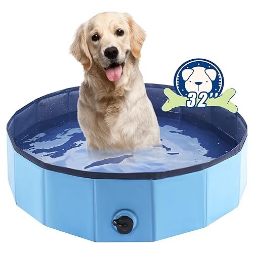 Foldable Dog Bath Swimming Pool Plastic Kiddie Pool Professional Tub Collapsible Grooming Bathtub for Pets Kids Baby and Toddler, 32 x 8 Inches Blue