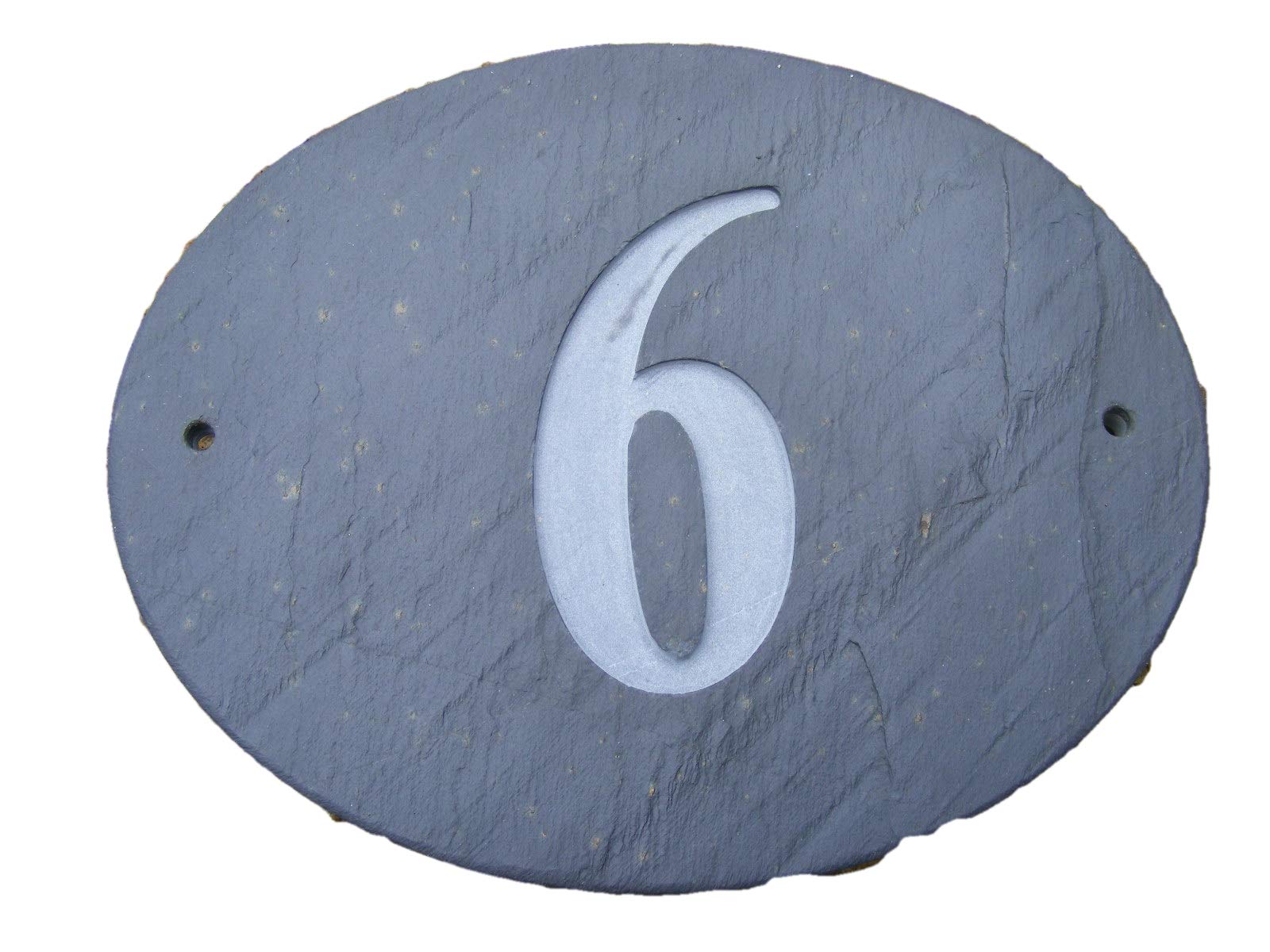 NUMBER 6 OVAL NATURAL GREY SLATE HOUSE DOOR NUMBER 7" x 6" DEEPLY ENGRAVED NATURAL SURFACE SIGN PLAQUE HOUSE WARMING GIFT (175 x 150mm) No. 6 SIX ROUND by FastCraft UK — image 1