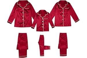 WWPPAION 2026 Christmas Pajamas for Family Silk Satin Button Down Sleepwear Long Sleeve Nightwear 2 Pcs Comfy Loungewear Set
