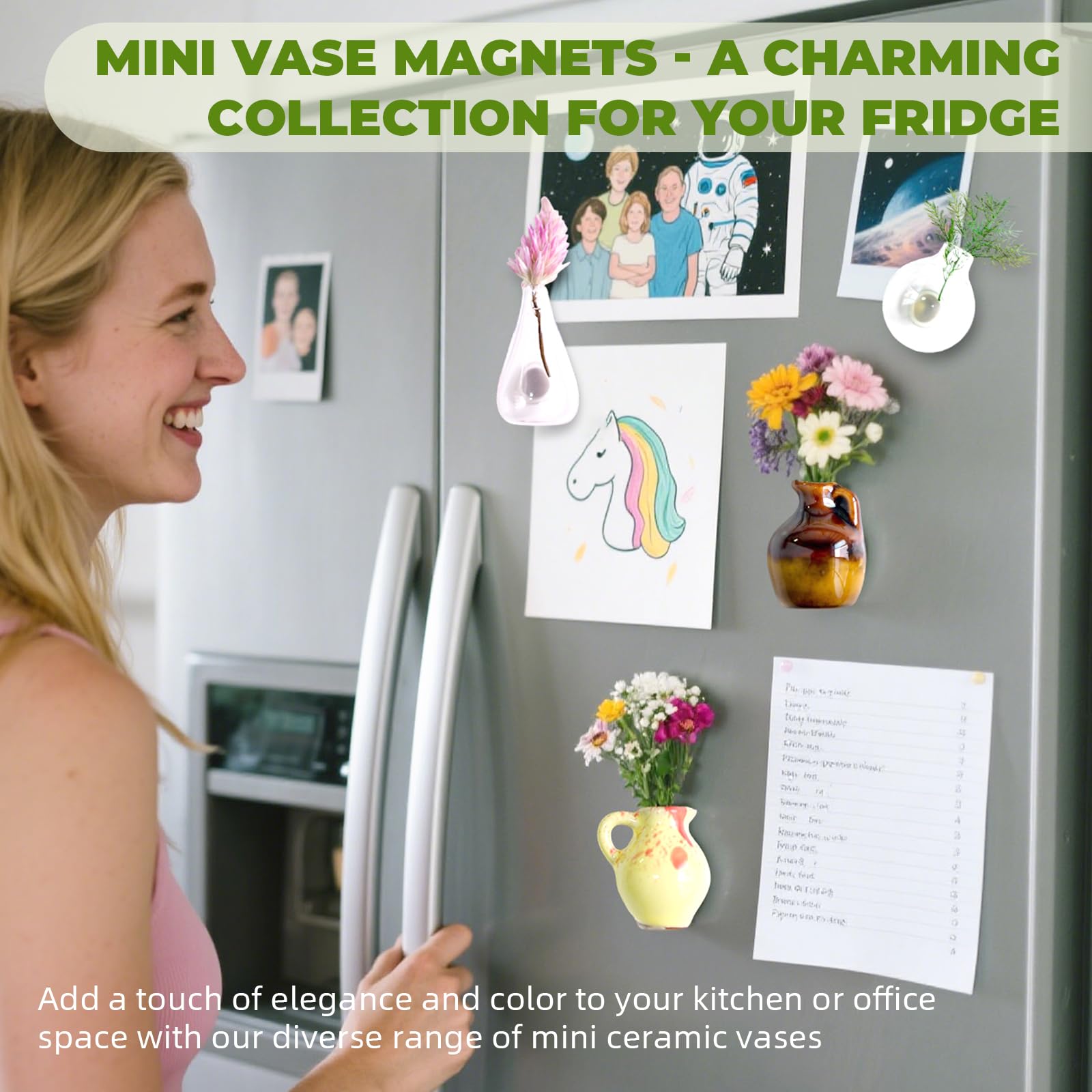 Upgrade Mini Vase Magnets for Fridge, Mini Ceramic Vase Bud Vases Magnets for Refrigerator Cute Tiny Fridge Flowers, Adorable Decor for Kitchen Office（No Flowers）