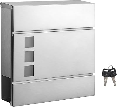SONGMICS Modern Stainless Steel Post Box with Newspaper Holder Silver GMB052S02