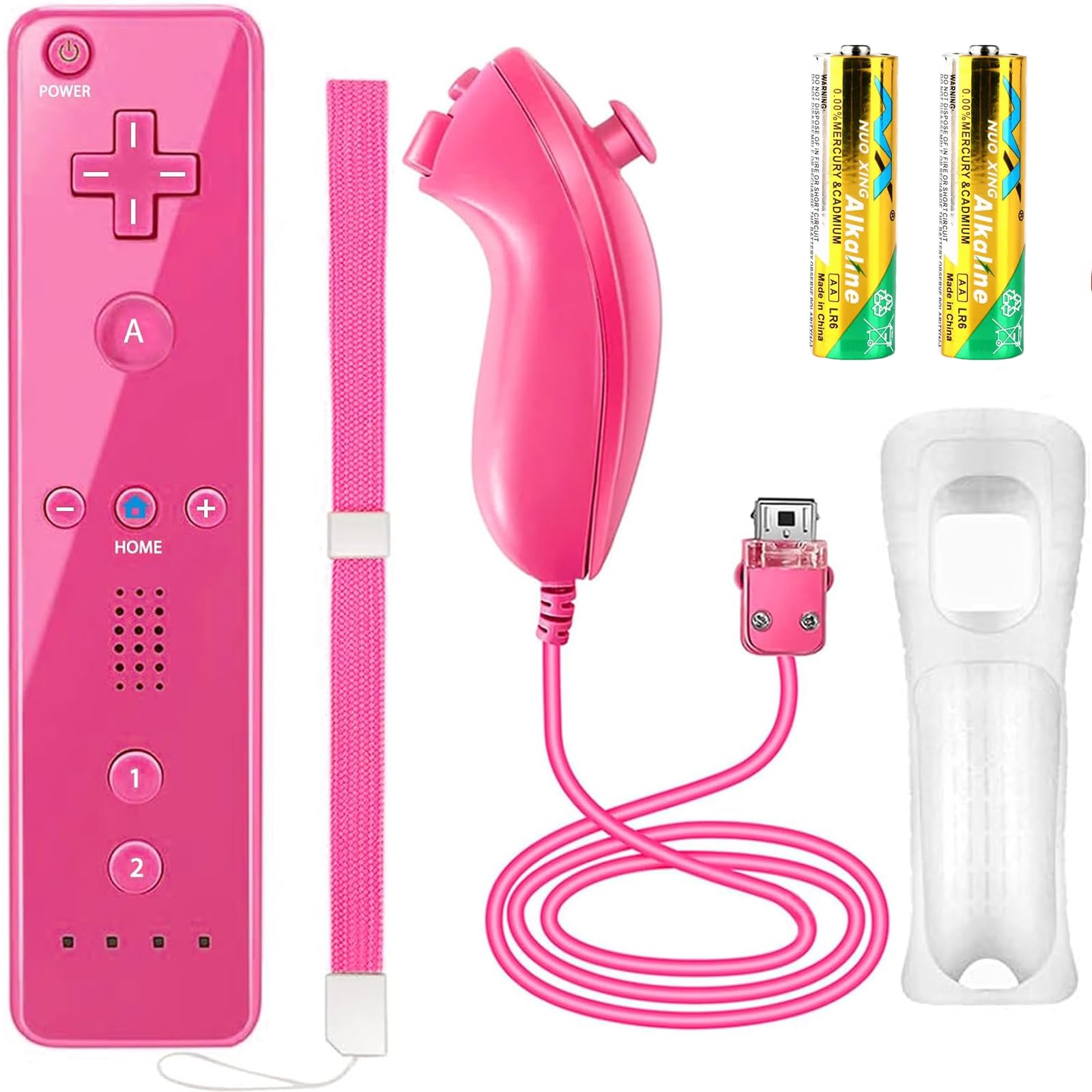 YOVONAZE Compatible with Nintendo Wii Controller, Wii Remote with Nunchuck and Nunchuck Controller with Silicone Case and Wrist Strap for Wii and Wii U, Included 2 AA Batteries (Pink)