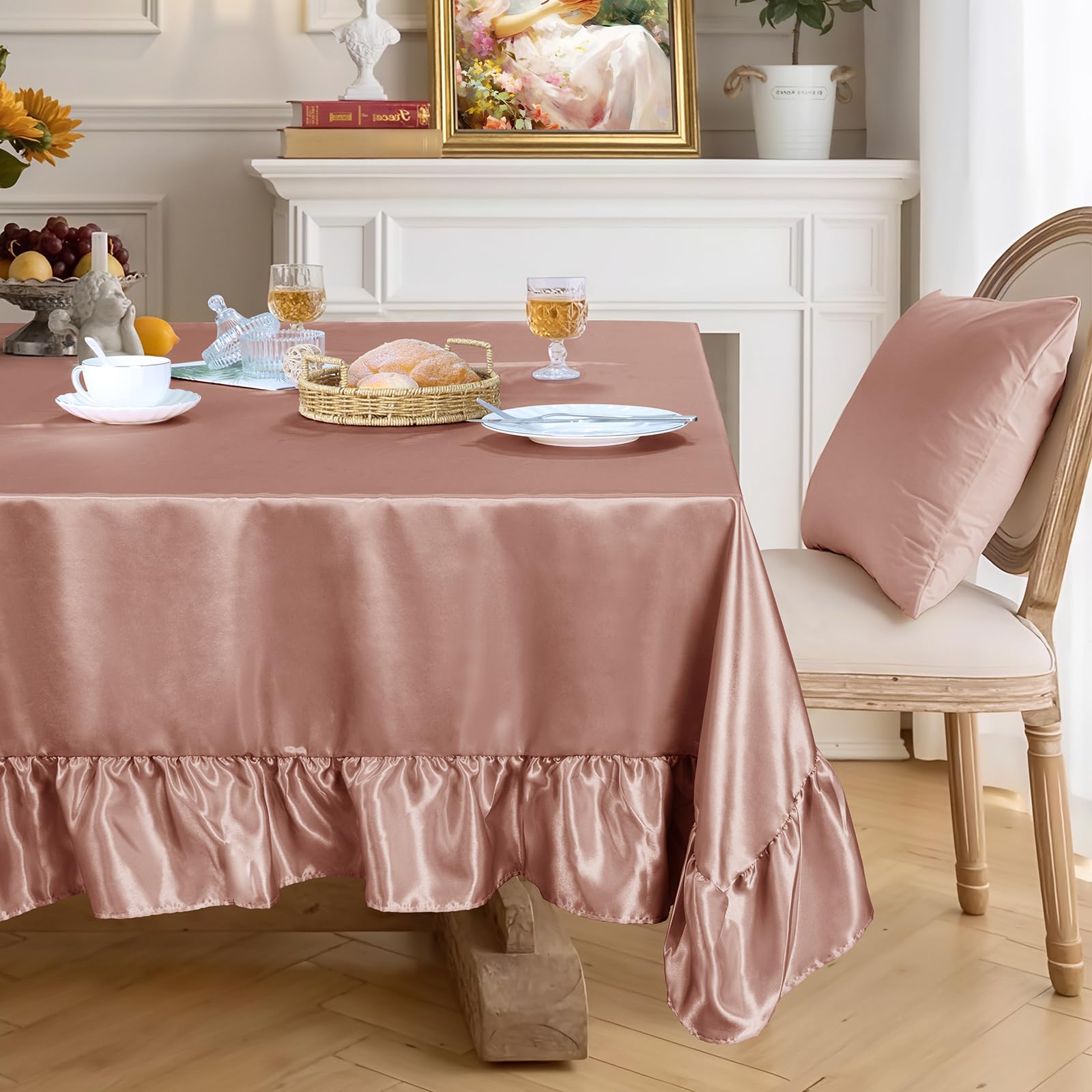Photo 1 of Ersmak Rose Gold Satin Ruffle Edge Tablecloth - 52 x 70 Inch Rectangle Satin Table Cover Bright Silk Table Cloth for Weddings, Banquets, or Home Dining