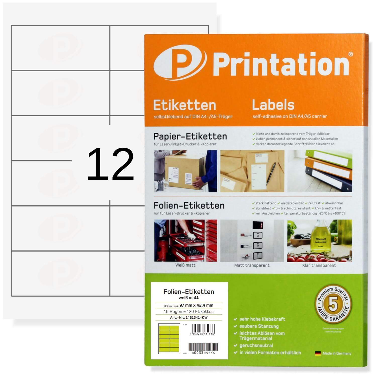Labels Matt White 97 x 42.4 mm Weatherproof On A4 - 2 x 6 pcs/Page 120 Slides Labels 97 x 42.4