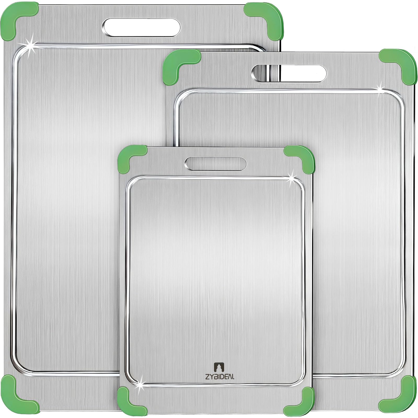 Photo 1 of **Only Two***ZYBIDEAL 3Pcs 100% Pure Titanium Cutting Board with Grooves, Update Double Side Titanium Chopping Board, Silicone Anti-slip Stainless Cutting Boards Set for Kitchen, Green