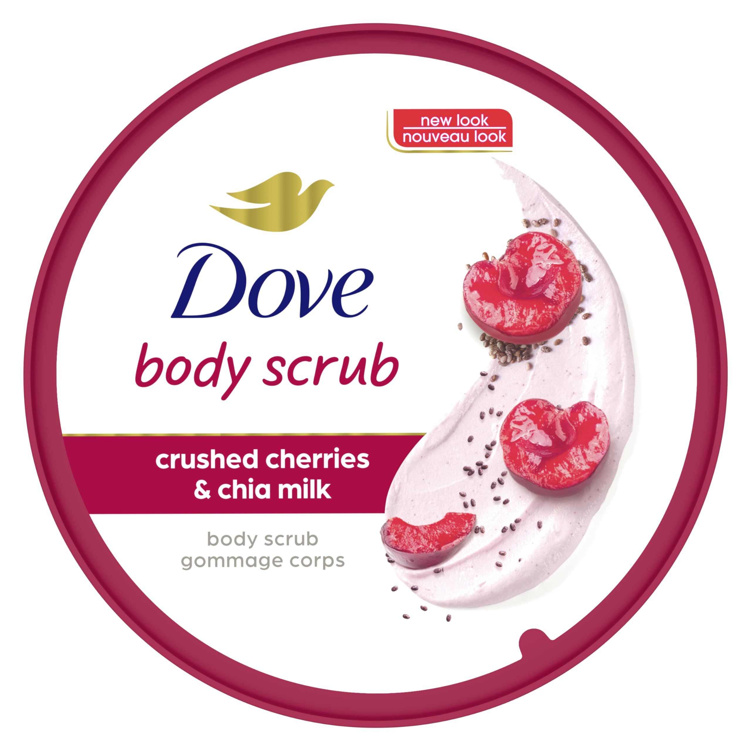 Dove Exfoliating Body Polish Crushed Cherries & Chia Milk Skin Care for Revitalized Skin Formulated with 1/4 Moisturizing Cream 10.5 oz