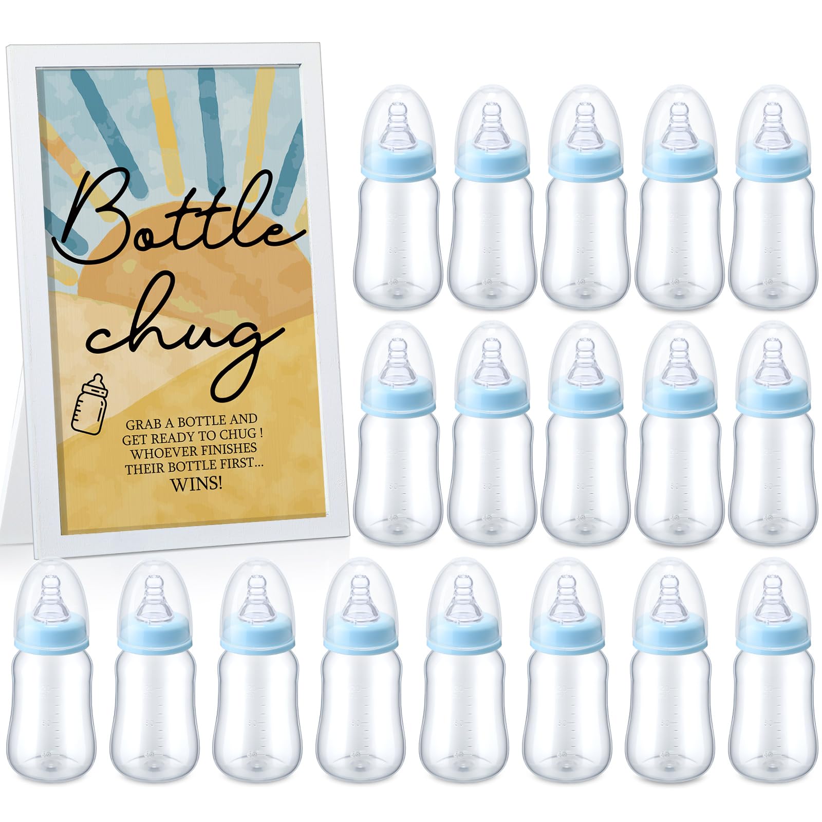 Photo 1 of Roowest Bottle Chug Baby Shower Game Favors Including Blue Son Theme Wooden Sign and 18 Pcs Baby Bottles for Gender Reveal Party Supplies