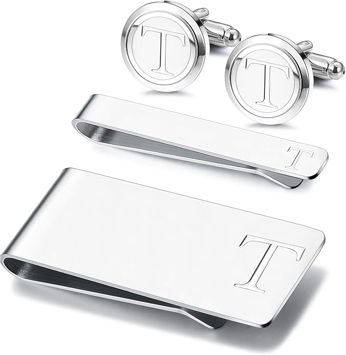 Besteel Cufflinks and Tie Clip Money Clip Set for Men Letter Alphabet