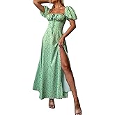 Women's Summer Puff Sleeve Floral Split Maxi Dress Flowy A Line Casual Beach Long Dresses 2025