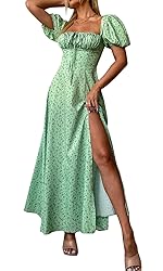 Women's Summer Puff Sleeve Floral Split Maxi Dress