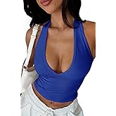 YFANG Women's Sexy Halter Deep V Neck Crop Tank Top Backless Sleeveless Slim Fitted Going Out Summer Top