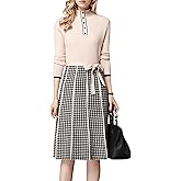 LAI MENG FIVE CATS Women's Elegant Long Sleeve Sweater Plaid Knit Pullover Fall Midi Dress