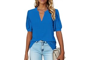 isermeo Womens Shirts Casual V Neck Tshirts Puff Short Sleeve Summer Tops Tunic Blouses S-XXL